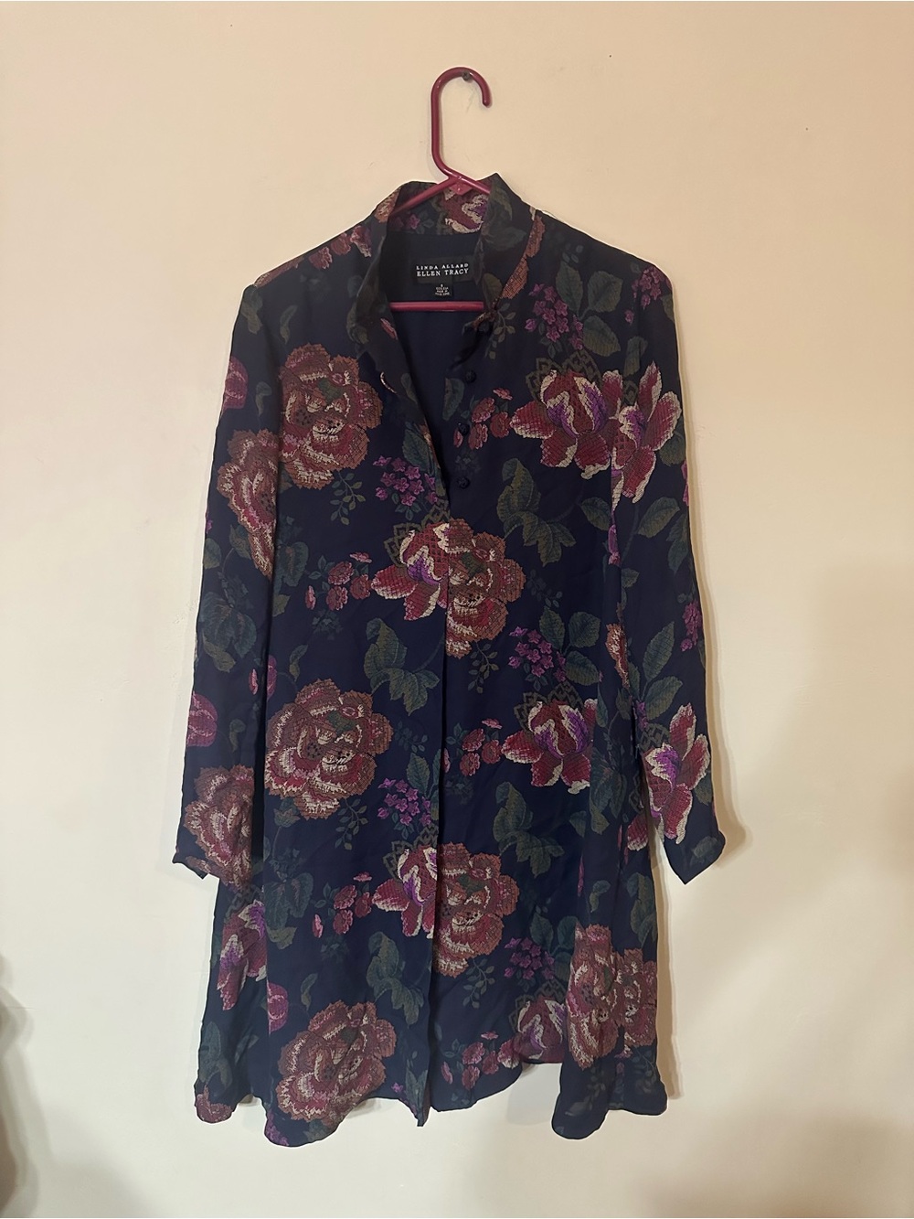 Ellen Tracy Navy Silk Dress with Rose-Patterned Yoke - Picture 2 of 4